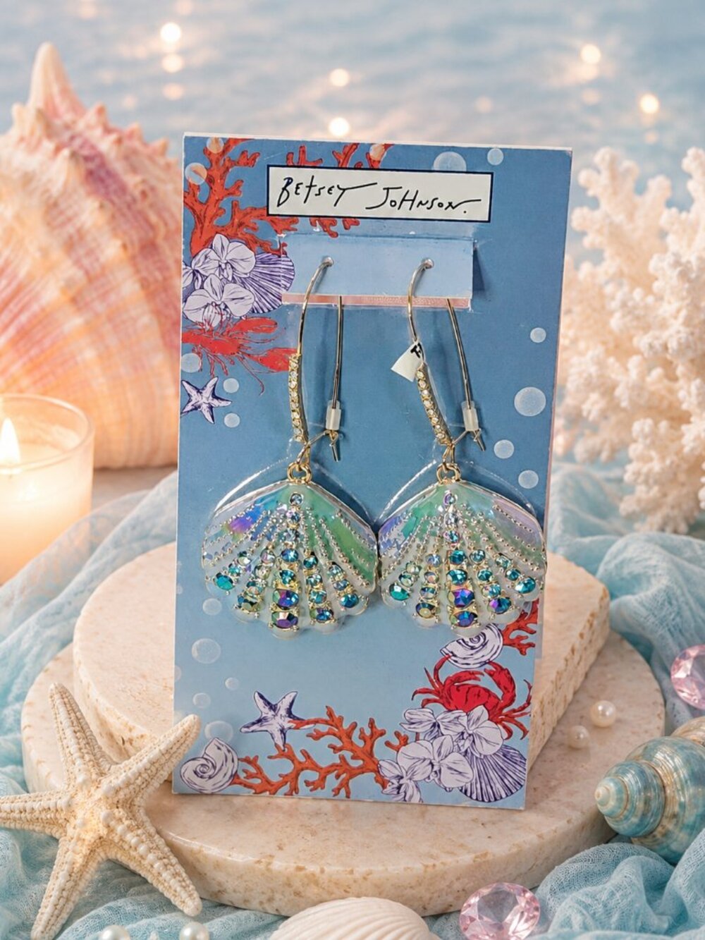 Betsey Johnson Iridescent Aqua Mermaid Seashell Drop Earrings Crystal